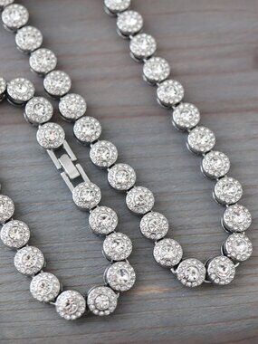 Round Halo Cluster CZ Diamond Tennis Style Necklace/Bracelet Jewelry Sets Silver